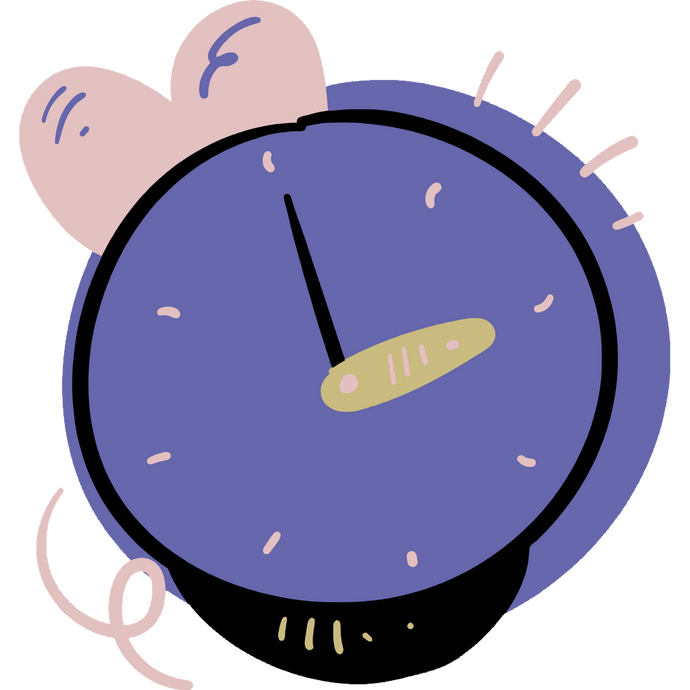 Marina Costa A whimsical cartoon illustration of a purple alarm clock with a pink heart shape on top, a spiral wire, and radiating lines.
